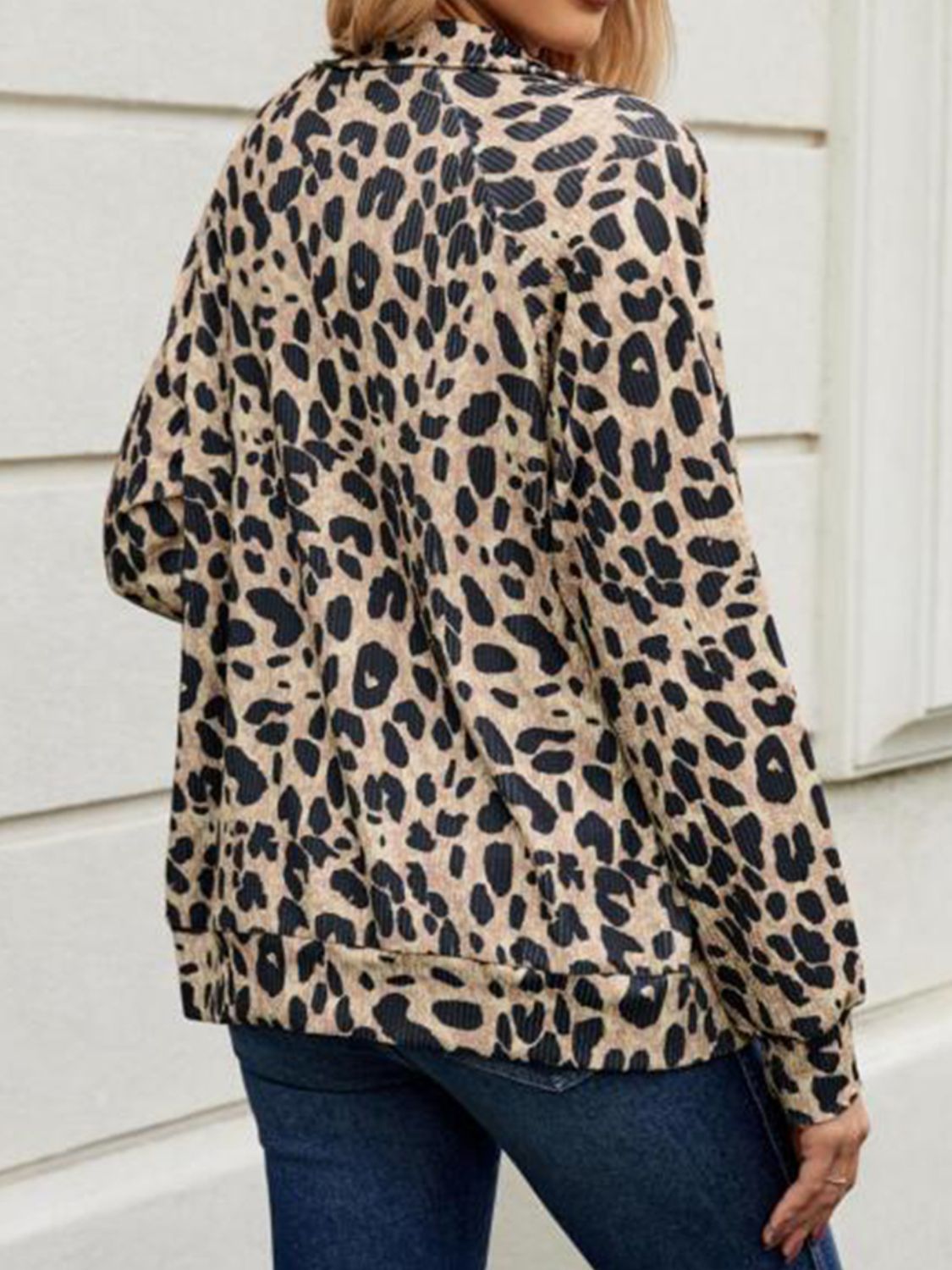 Full Size Leopard Collared Neck Zip Up Jacket